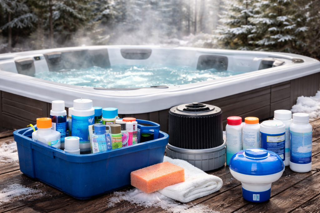 Hot tub with cleaning supplies nearby.