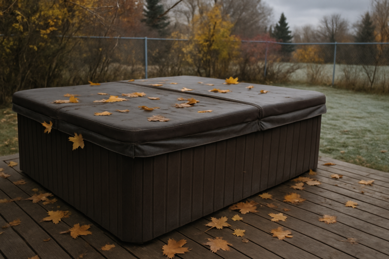 Worn hot tub cover showing signs of damage in Winnipeg backyard before winter