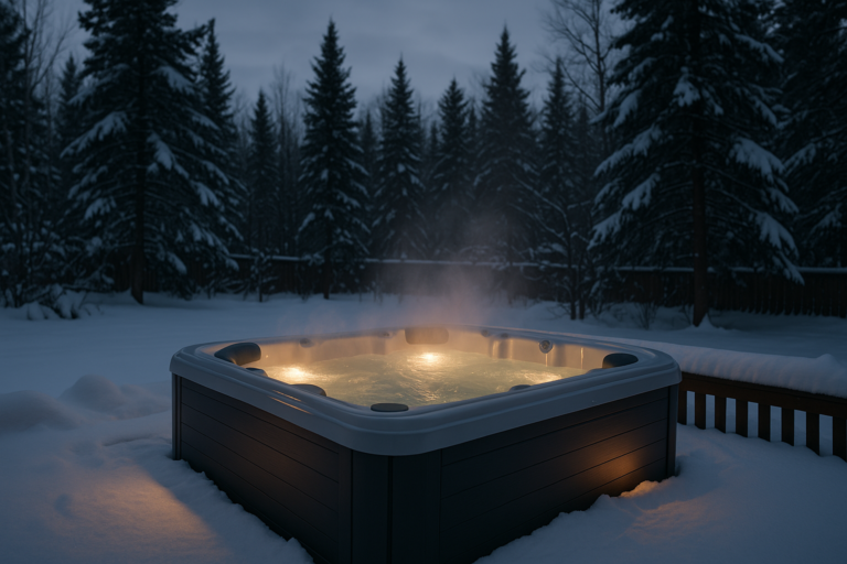 Steaming hot tub in snowy Winnipeg backyard during winter evening