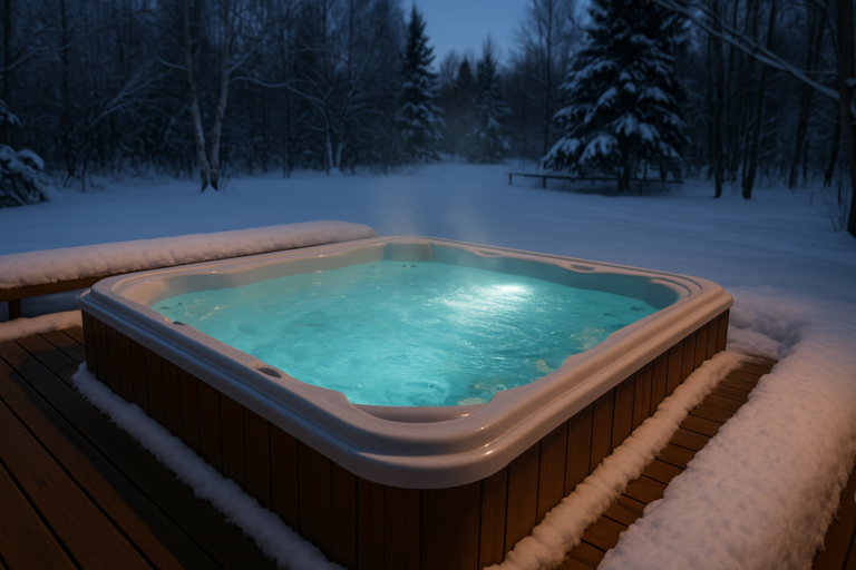 Clear hot tub water in a Manitoba winter backyard setting