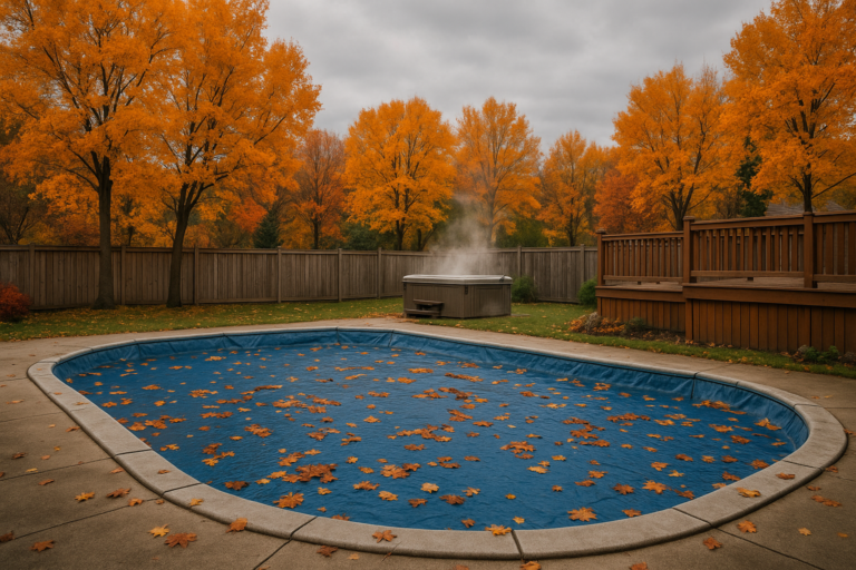 Pool covered for winter with fall leaves in Manitoba backyard with hot tub steaming in background