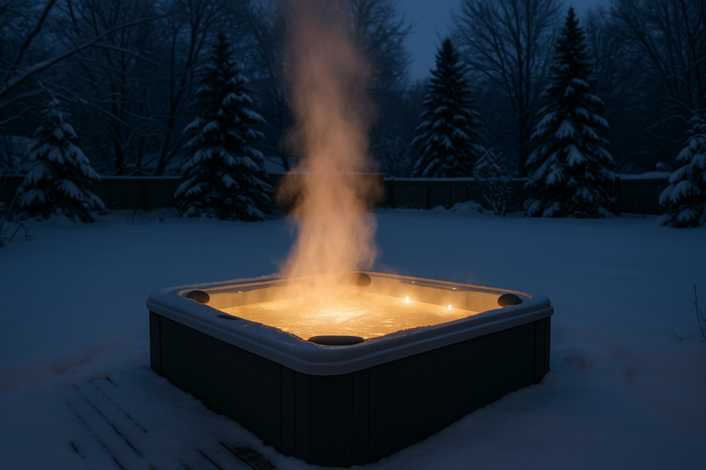 Steaming hot tub in snowy Winnipeg backyard during winter evening