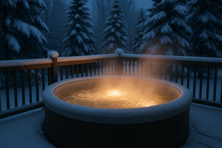 Steaming hot tub in snowy Winnipeg backyard during winter