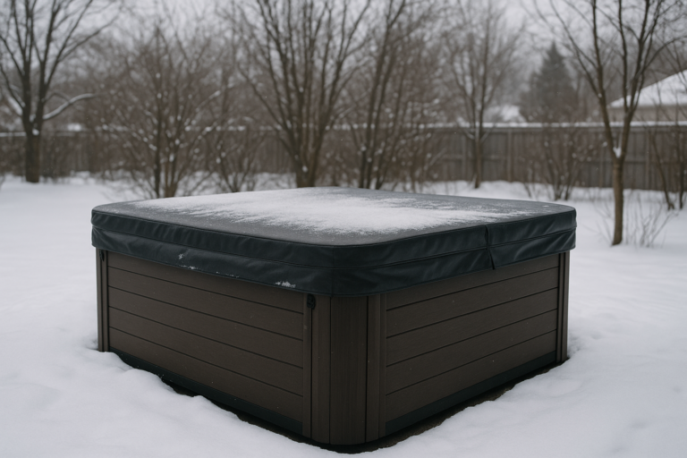 Covered hot tub in snowy Manitoba backyard prepared for winter