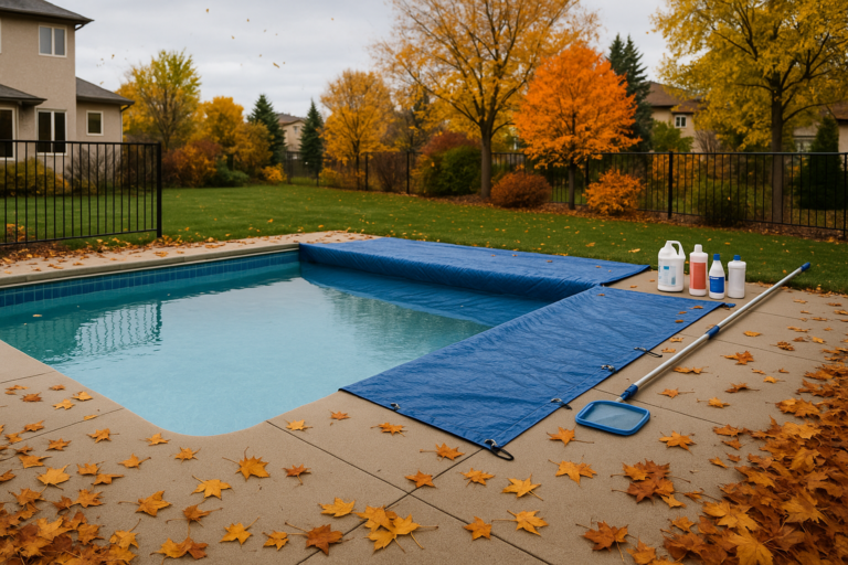 Pool being prepared for winter closing in Winnipeg backyard with fall leaves and equipment