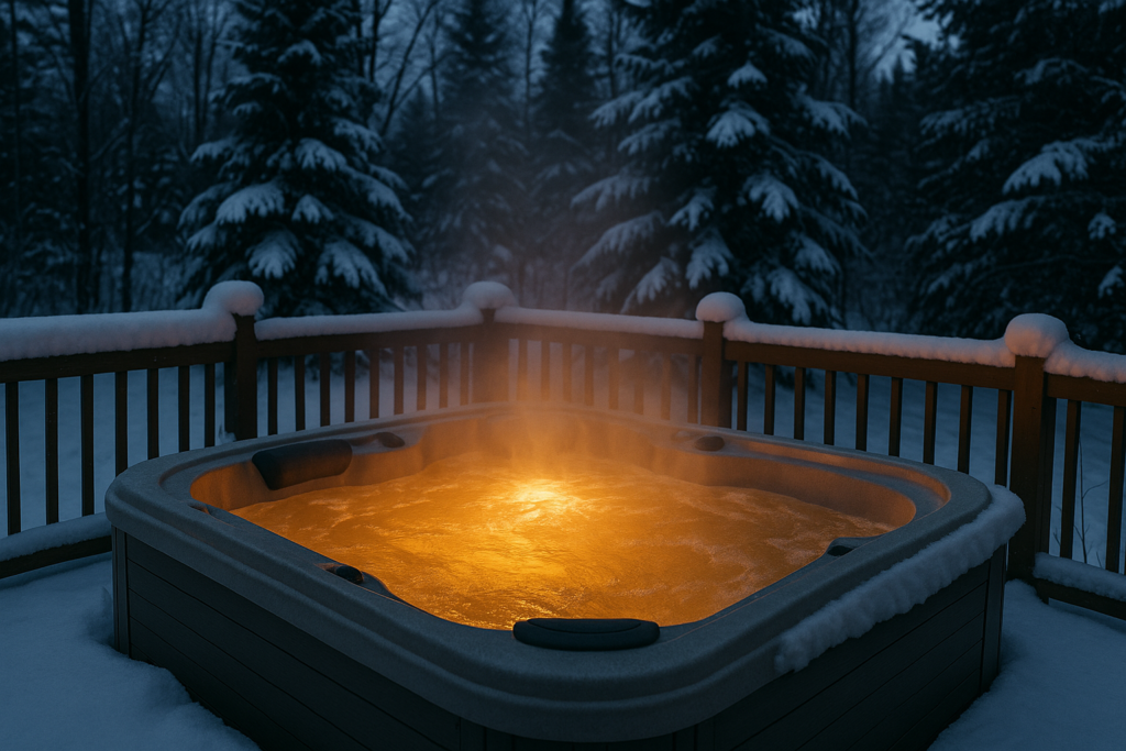 Steaming hot tub in snowy Winnipeg backyard during winter evening