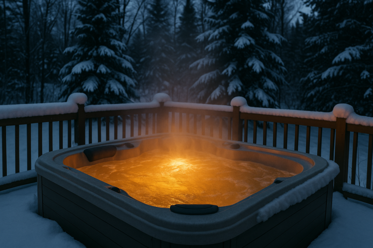 Steaming hot tub in snowy Winnipeg backyard during winter evening