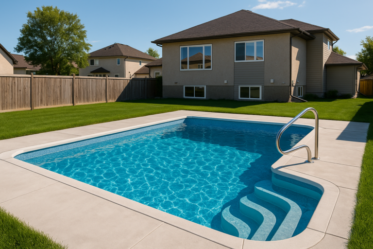 Articles 1 Inground pool installation in Winnipeg backyard with concrete decking and blue water