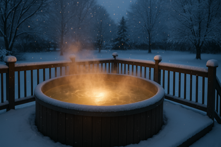 Articles 2 Steaming hot tub on snowy deck in Winnipeg backyard during winter evening